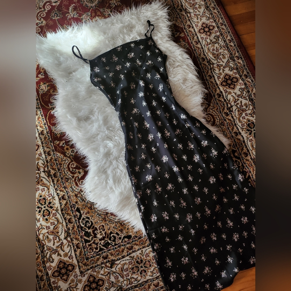 Black Satin Floral Maxi Dress - Picture 3 of 6